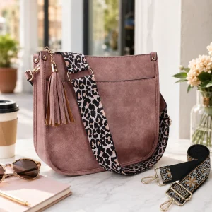 Crossbody Bag for Women with 2 Straps, Soft Vegan Leather Shoulder Purse, Leopard Strap & Woven Strap, Lightweight Everyday Hobo