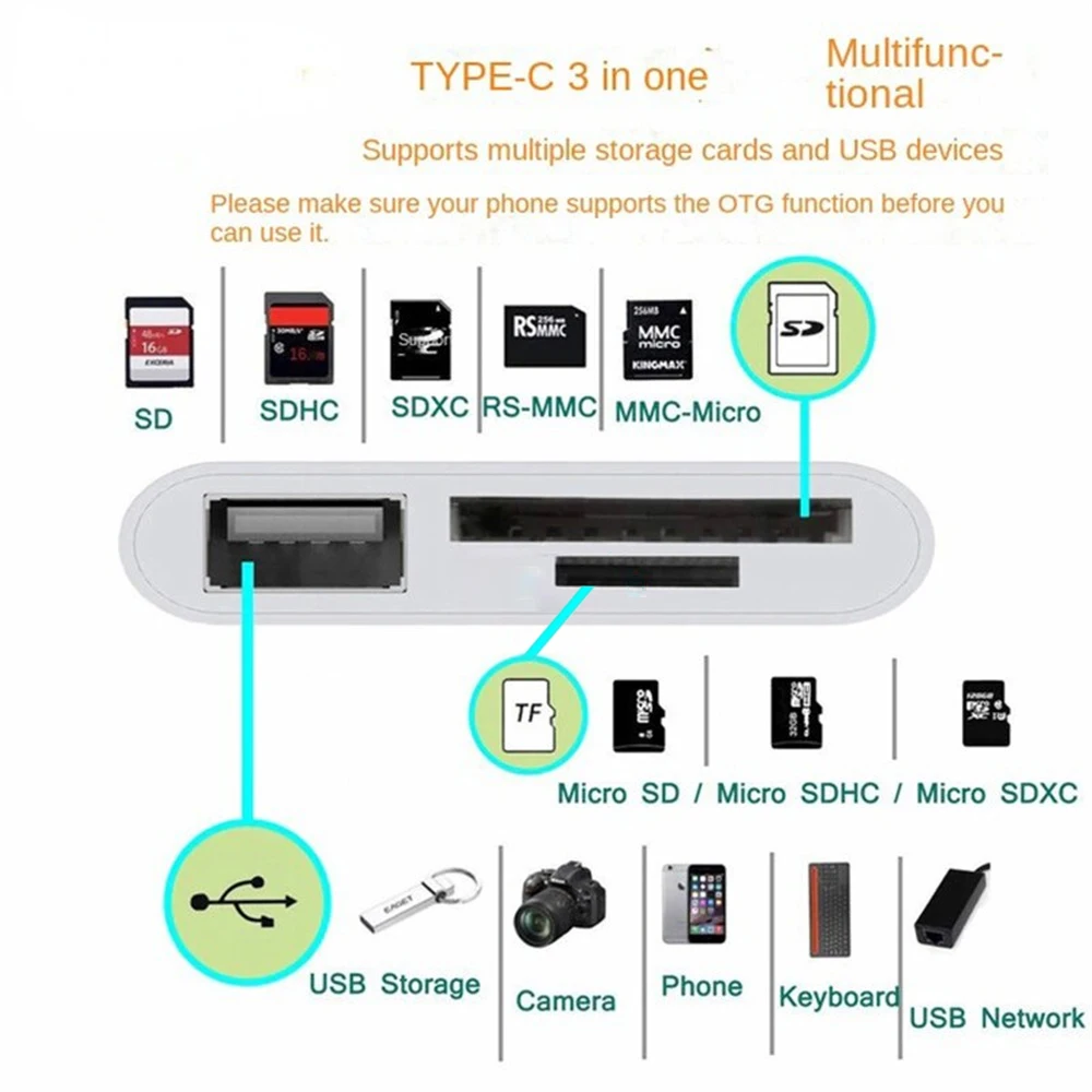 Multi Port HUB Adapter 3 in 1 USB Converter TF CF SD Memory Card Reader USB Type C Adapter For Phone Macbook Huawei Samsung OPPO - Image 3