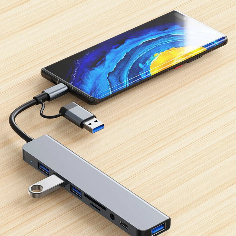 8 in 2 USB +Type C HUB Docking Station with 3.5mm Audio Jack Adapter for Micro SD Card Reader Laptop Tablet Phone Disk Converter - Image 3