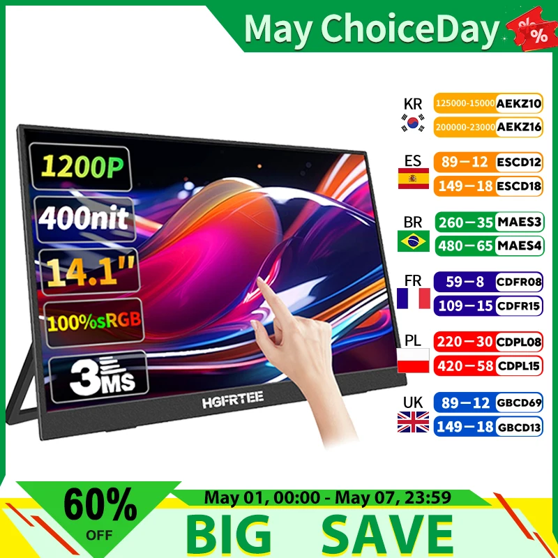 HGFRTEE Portable Display 14.1Inch Touch Screen Display 10-Point Touch Screen Portable Screen Suitable for Laptop PC Mac Xbox PS4/5