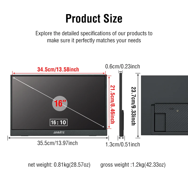 Anmite 16-Inch Portable Touch Monitor Non-touch Optional 1200P HDR 16:10 For XBox PS4 / 5 Switch Cell Phone PC Loptop Extension - Image 3