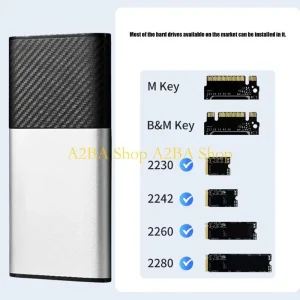 A2BA 5Gbps M.2 Drive Case with Aluminum Housing, Portable Data Storage Form, and Narrow 95.75mm Body for Desk Access and File