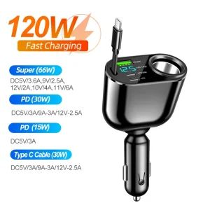 PD QC3.0 Quick Car Phone Charger,4 in 1 Dual USB Type C Fast Charging Power Adapter with Cigarette Lighter Voltage Display