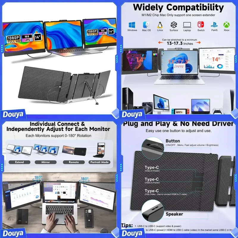 S2 Trendy Electronic Gadgets 2024 Triple Laptop Screen Extender Dual 14inch 1080P HD Portable Monitors for Gaming Coding