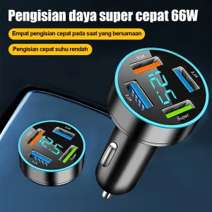 66W 4Port USB Car Charger Digital Voltage Display Fast Car Power Adapter RGB Ring Ambient Light Multi Port Car Cigarette Lighter