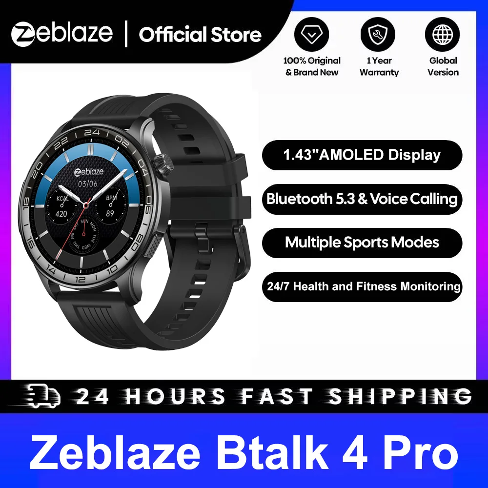 New Zeblaze Btalk 4 Pro Voice Calling Smart Watch 1.43''AMOLED Display Screen Heart Rate Fitness & Wellness Smartwatch For Men