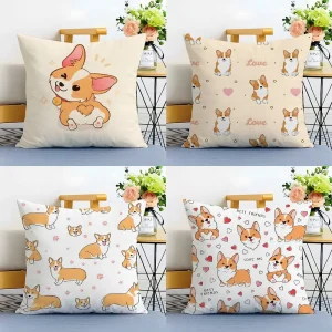 Cute C-Corgi Dog Pillow Case Anti-dustmite Pillowcase Invisible zipper silky plush Sofa