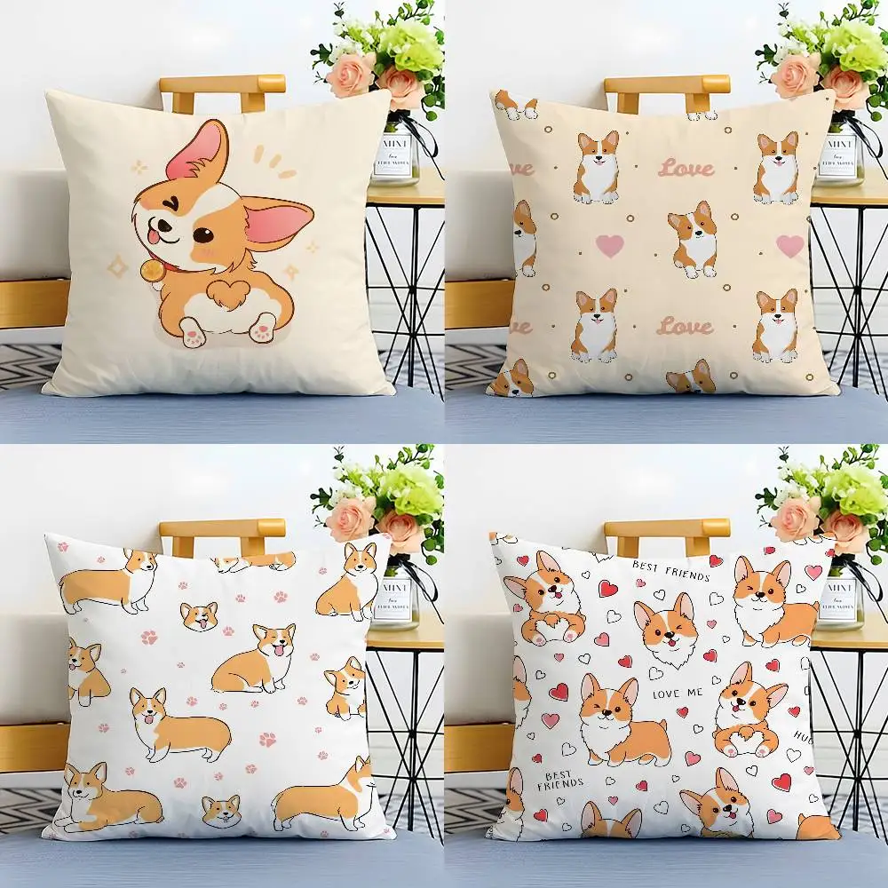 Cute C-Corgi Dog Pillow Case Anti-dustmite Pillowcase Invisible zipper silky plush Sofa
