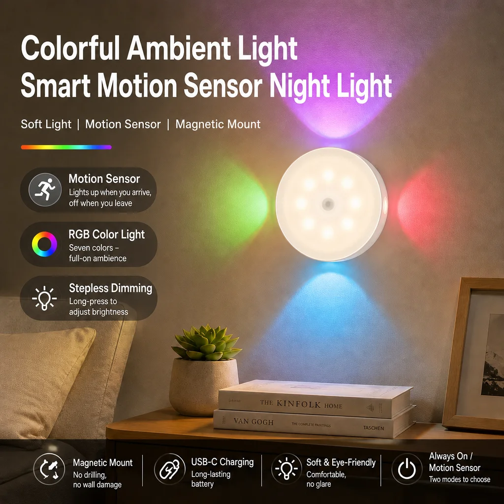 LED Smart Sensor Light RGB USB Rechargeable Night Bulb Lamp Automatic for Kitchen Cabinet Wardrobe Lamp Wireless Closet Light - Image 3