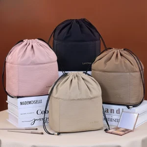 Bucket Drawstring Closure Soft Fabric Makeup Bag, Large Capacity Travel Organizer for Ladies Daily Skincare Cosmetic Supplies
