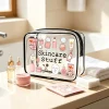Clear PVC Cosmetic Bag Cute Cartoon Skincare Print Transparent Zipper Travel Toiletry Pouch Skincare Organizer Gift for Women