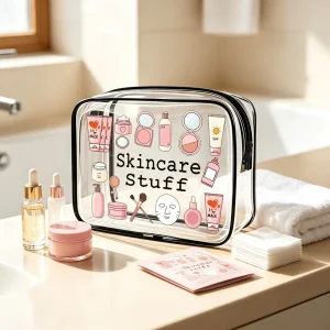 Clear PVC Cosmetic Bag Cute Cartoon Skincare Print Transparent Zipper Travel Toiletry Pouch Skincare Organizer Gift for Women