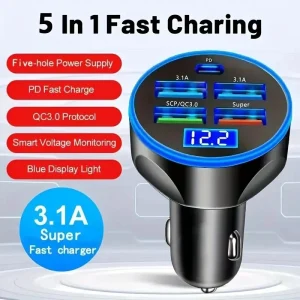 5 Port Car Phone Charger Adapter PD + QC 3.0 Fast Charging 4 Ports USB Car Charger Type C PD35W Car Charger with Digital Display