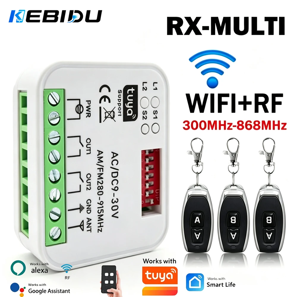 KEBIDU RX MULTI Tuya Smart Switch Module 300-868MHz 2CH 433MHz 868MHz Wifi Controller Garage / Gate Door Remote Control Receiver