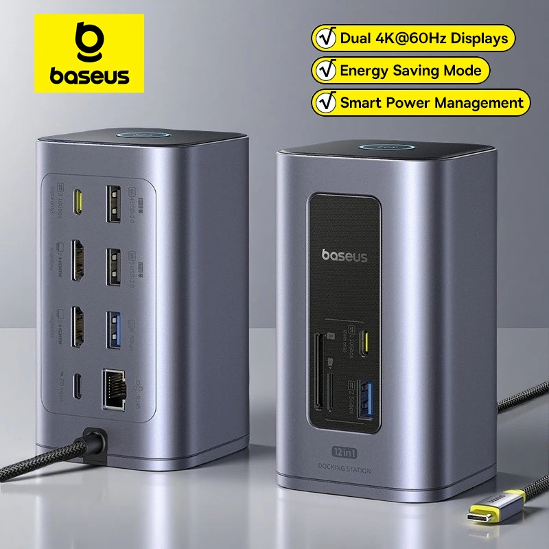 Baseus 12-in-1 USB C HUB to HDMI 4K@60Hz Dual Display USB 3.2 Adapter with RJ45 SD TF PD 100W Docking Station for Window Mac Hub