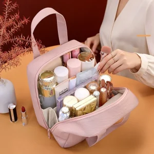 Vertical Portable Hand Carry Makeup Bag, Durable Travel Organizer with Independent Pockets for Skincare and Cosmetic Tools