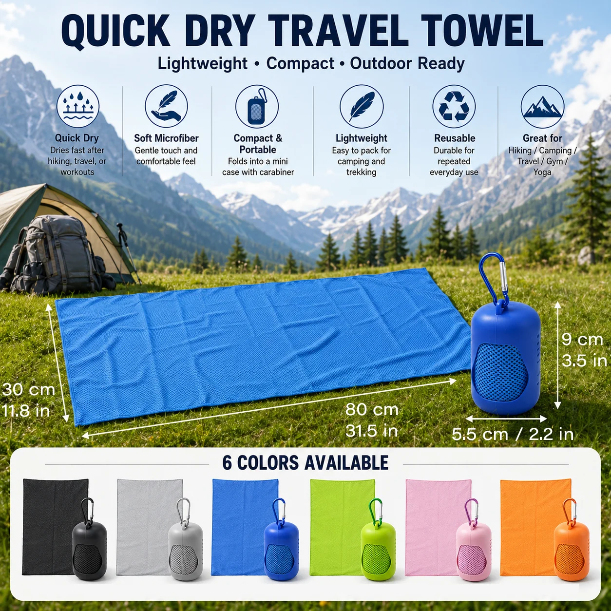 Portable Quick‑Dry Sports Towel 30x80cm Lightweight Microfiber Towel with Carry Case Carabiner for Travel Hiking Camping Gym Fit - Image 2