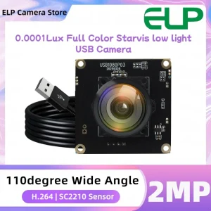 ELP 0.0001lux Full color low light USB Camera Module 1080P F1.0 110°Wide Angle Camera H.264 SC2210 Starlight camera for Security