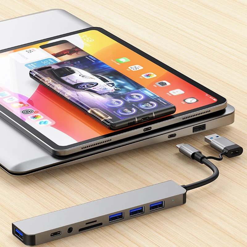 8 in 2 USB +Type C HUB Docking Station with 3.5mm Audio Jack Adapter for Micro SD Card Reader Laptop Tablet Phone Disk Converter - Image 2