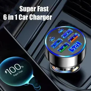 UYUXIO Multi Port USB C Car Charger with Voltage Display 6 in 1 Super Fast Charging Adapter for Huawei iPhone 16 15 Pro Max