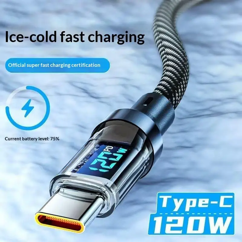 【C】120W USB Type C Cable Fast Charging USB C Charger Cord 1.5M For Phone With Led Digital Display Cable