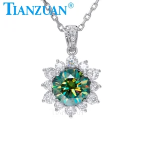 New Trendy Fresh Lovely Sunflower Pendant 10mm Yellow Green Moissanite Necklace for Lady's Party Accessorie Gift Fashion Jewelry