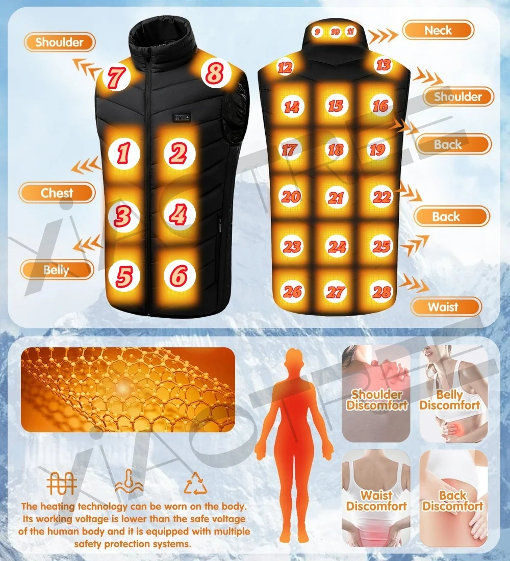 28/9 Areas Heated Vest Men Jacket Heated Winter Womens Electric Usb Heater Camping Jacket Man Thermal Vest Body Warmer Coat 6XL - Image 2