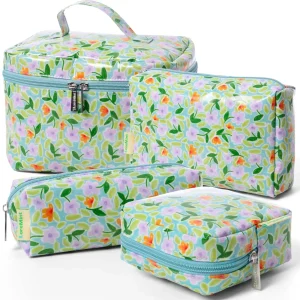 Set of 4 Waterproof Makeup Bags, Green Floral Print PVC Coated Cosmetic Organizer, Portable Travel Wash Bag for Toiletries, Skincare & Beauty Supplies