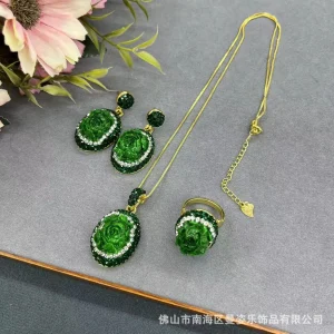 DIY accessories Live stream new jadeite green peony flower three-piece set, small fresh fashion jewelry set, color-preserving el