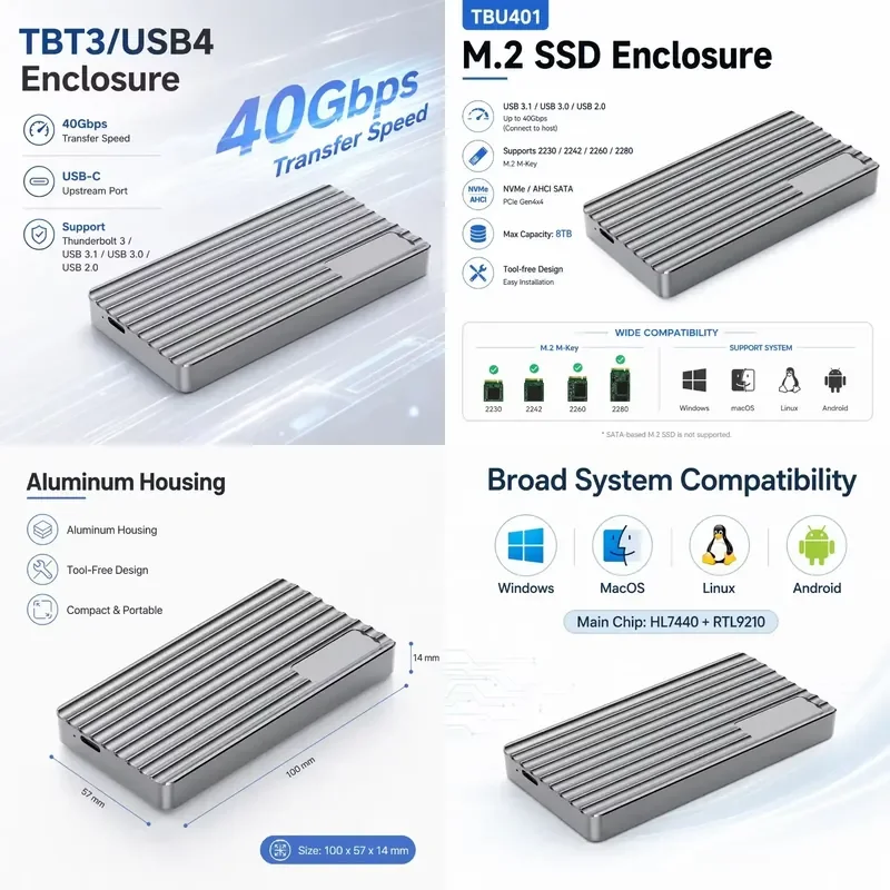 AP01 for Aluminum M.2 NVMe SSD Enclosure USB-C TBT3 USB4 40Gbps PCIe Gen4x4 Heatsink Design Portable External Case with 8TB