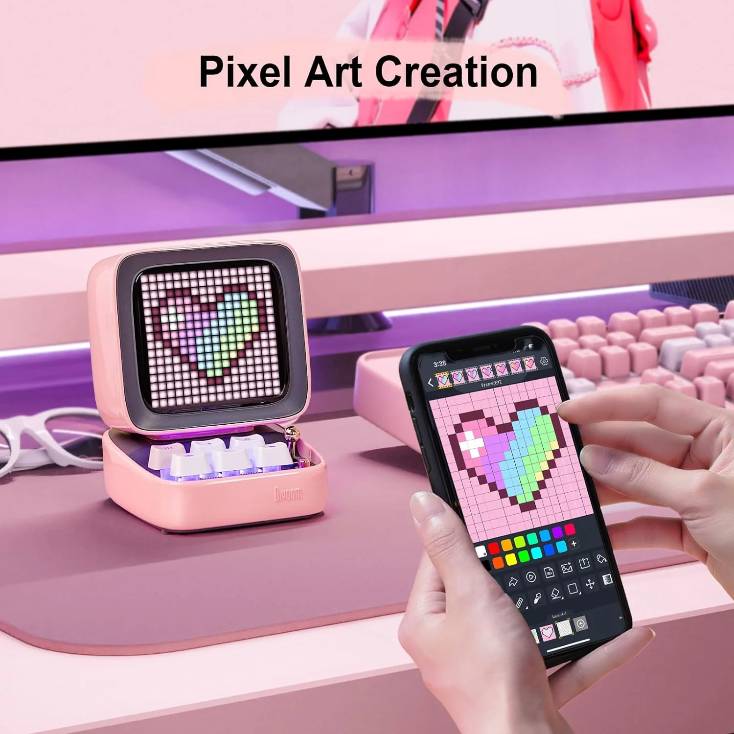 Ditoo Bluetooth Speaker Retro Pixel Art Game Portable with 16X16 LED App Controlled Front Screen (Pink) DIY LED Display Board - Image 3