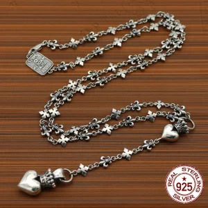 S925 Sterling Silver Necklace National Style Retro Crown Love Hip Hop Chain Personalized Fashion Accessories Chain Jewelry