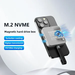 Magnetic M.2 NVMe SSD Enclosure PD100W Built-in Turbo Cooling Fan Portable External Hard Drive Case for 2230 2242 M Key PCIe