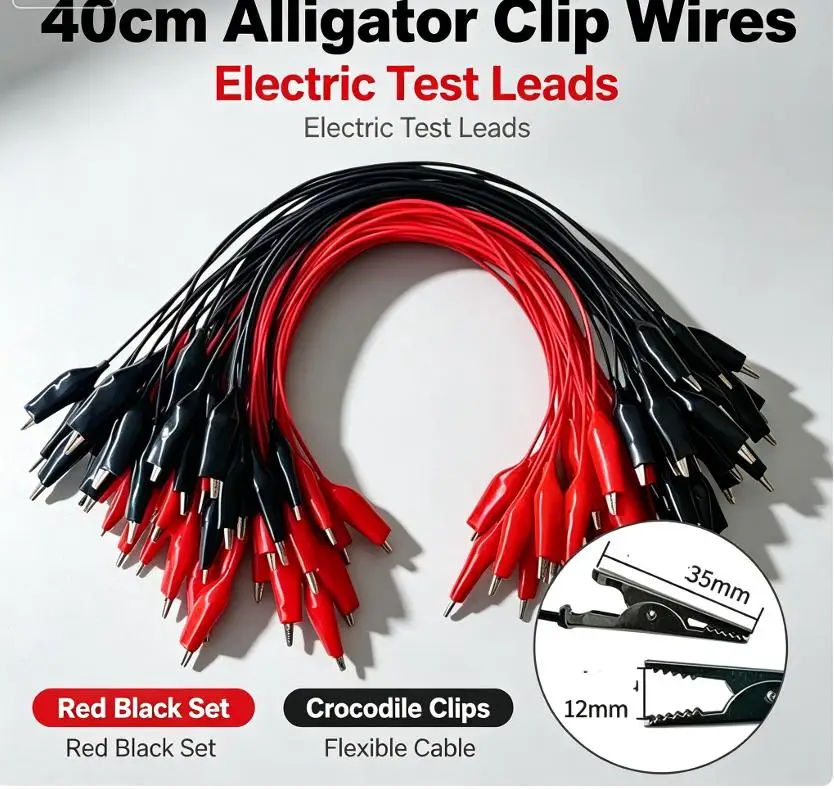 2Pcs Red Black Alligator Test Leads Double-ended Crocodile Clips Durable Copper Core for DIY Electronic Project Repair