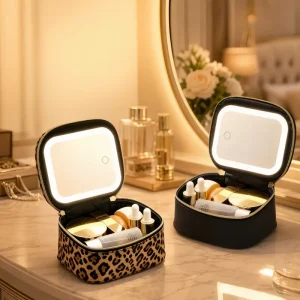LED‑mirror Cosmetic Case Rechargeable Travel Makeup Organizer PU Dustproof Beauty Storage Bag Portable Toiletry Sorting Carrier
