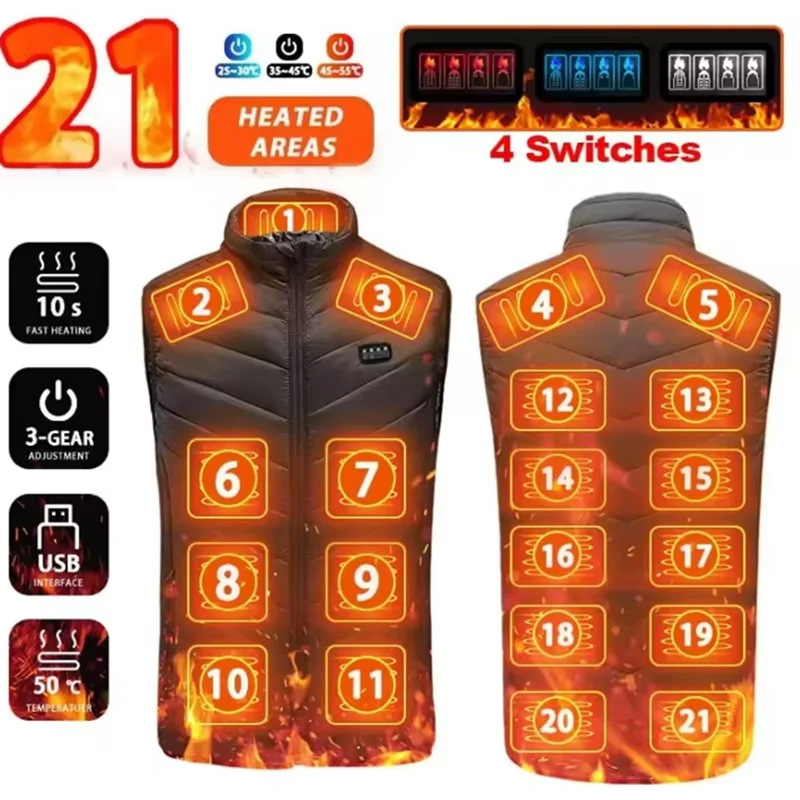 21 Heated Vest Zones Electric Heated Jackets Men Women Sportswear Heated Coat Graphene Heat Coat USB Heating Jacket For Camping