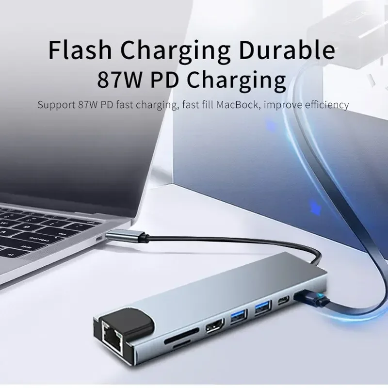 Fast Charge for MacBook Laptop USB 8-in-1 Type-C Hub Adapter with SD/TF Card Reader RJ45 PD - Image 4