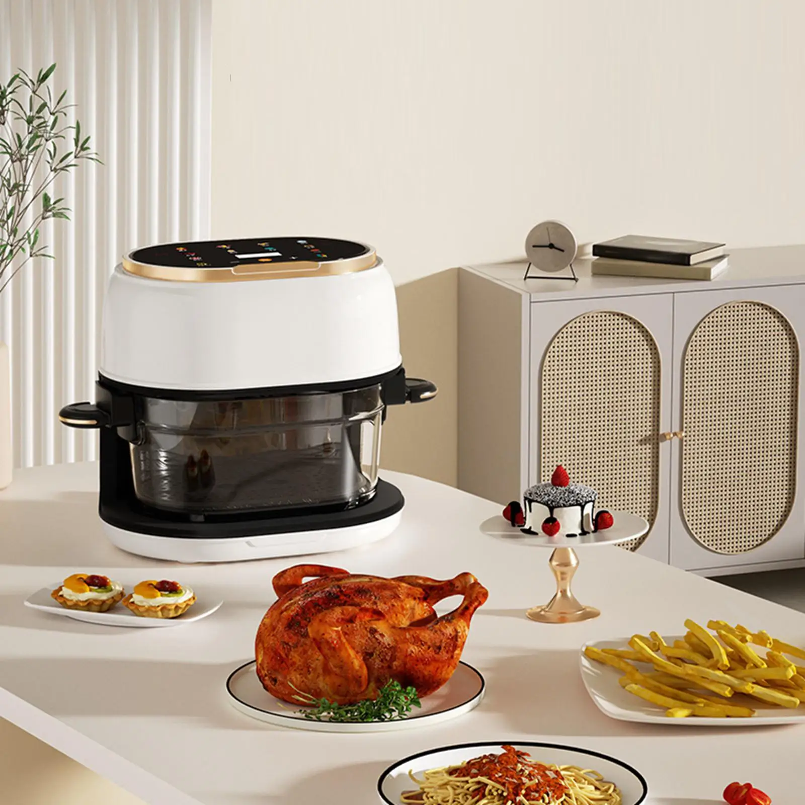 Compact Electric Glass Fryer 4L Non-fat Digital Air Fryer with Long Tray for Home Fries Desserts and Chicken