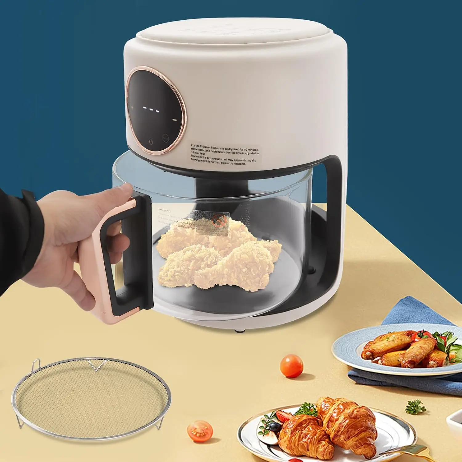 3.81Qt Air Fryer, Portable Glass Air Fryer Compact Smart Air Fryer Oven 8 Preset Modes with Digital Display Fast Preheat for Home Kitchens, Restaurants, Family Gatherings, Outdoor Picnics (White) - Image 4