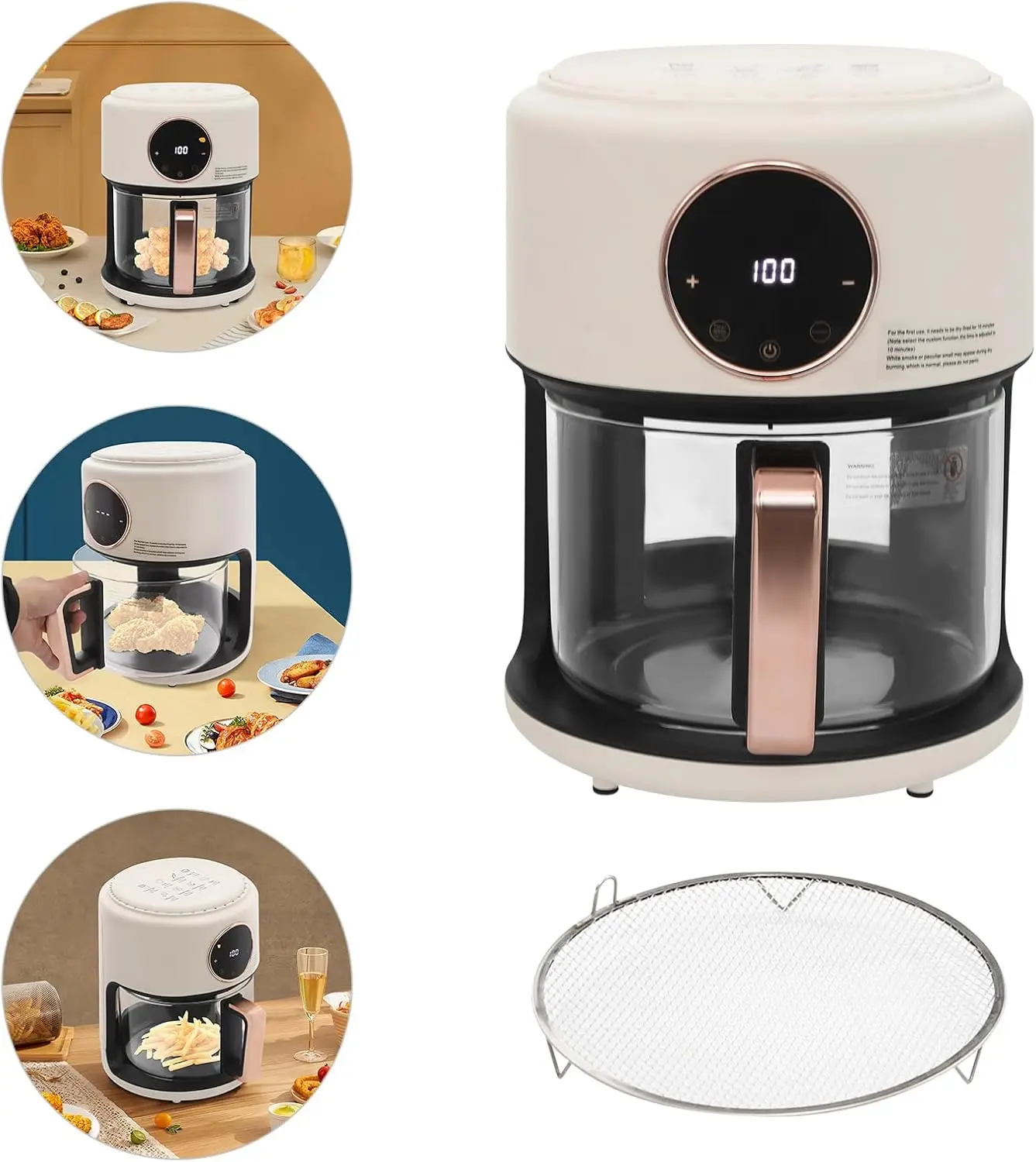 3.81Qt Air Fryer, Portable Glass Air Fryer Compact Smart Air Fryer Oven 8 Preset Modes with Digital Display Fast Preheat for Home Kitchens, Restaurants, Family Gatherings, Outdoor Picnics (White) - Image 3