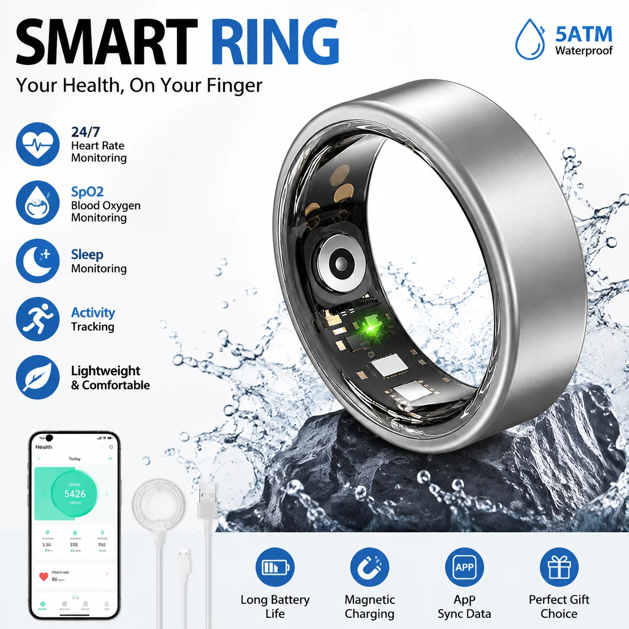 Health Monitoring Smart Ring Fitness Activity Tracker Sleep Tracking Heart Rate Wearable Wellness Ring for Men Women R12