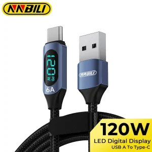 NNBILI 120W USB A to Type C Cable Fast Charging 6A USB C Charger Cord For For Samsung S26 Huawei With Led Digital Display Cable