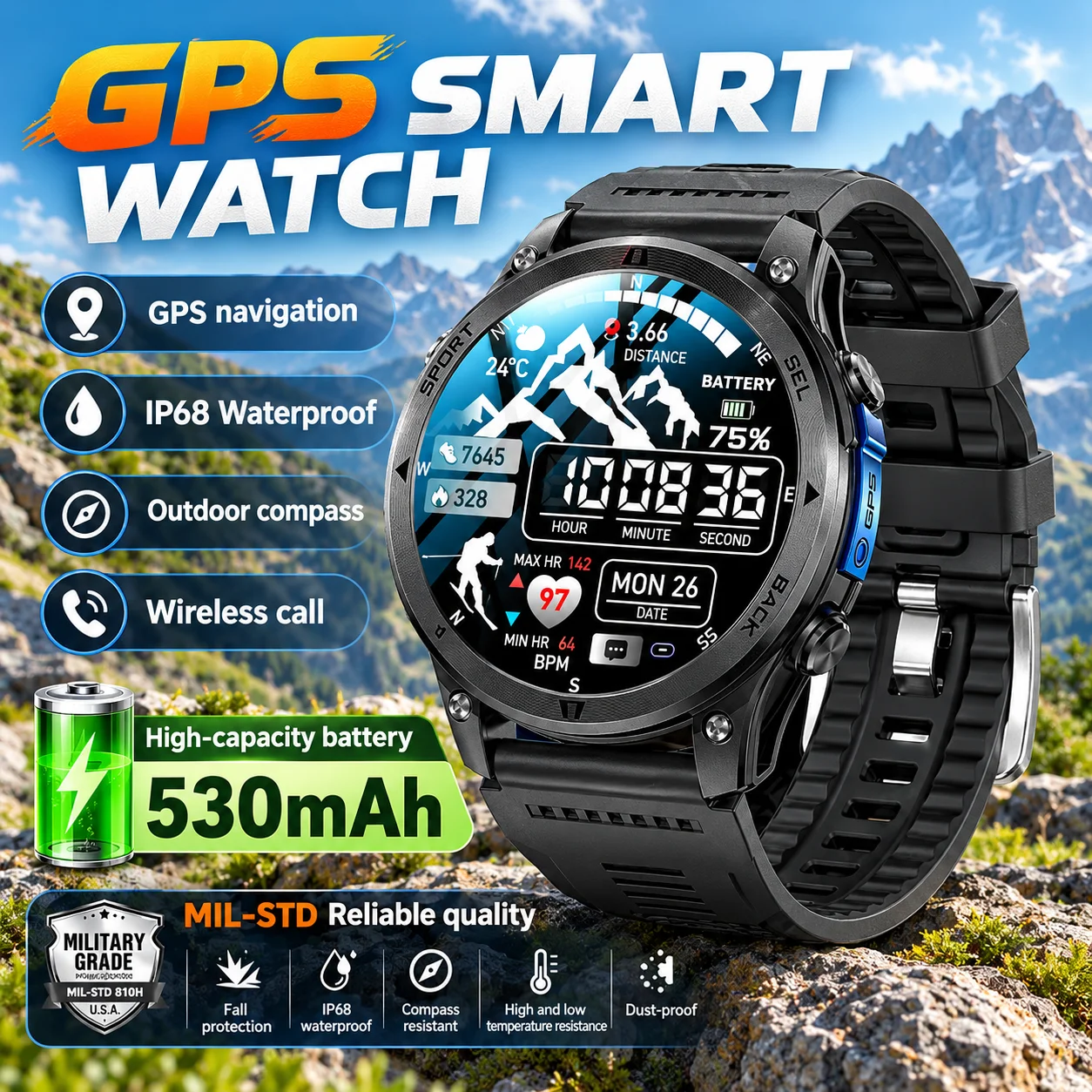 Men's GPS Smart Watch Offline Map Real-time Route Navigation Clock Man IP68 Waterproof Outdoor Watch Military Smartwatch Men
