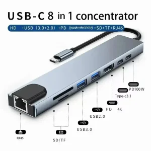 Fast Charge for MacBook Laptop USB 8-in-1 Type-C Hub Adapter with SD/TF Card Reader RJ45 PD