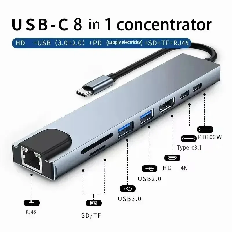 Fast Charge for MacBook Laptop USB 8-in-1 Type-C Hub Adapter with SD/TF Card Reader RJ45 PD