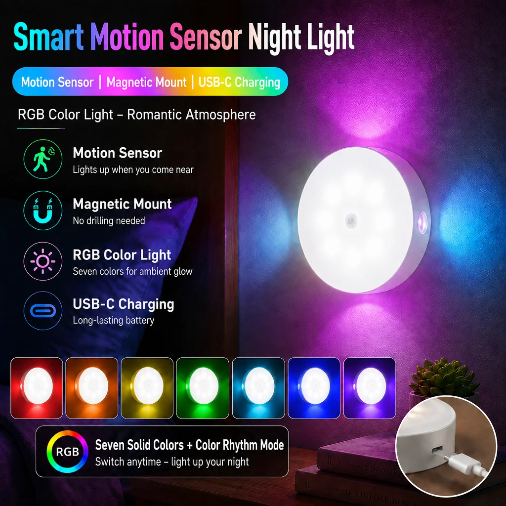 LED Smart Sensor Light RGB USB Rechargeable Night Bulb Lamp Automatic for Kitchen Cabinet Wardrobe Lamp Wireless Closet Light - Image 2