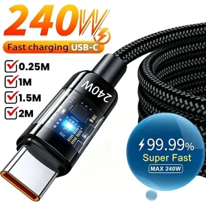 240W Nylon USB Type C Super Fast Charging Cable for Samsung Xiaomi Huawei LED Digital Display USB C Charger Data Cord 1/1.5/2M