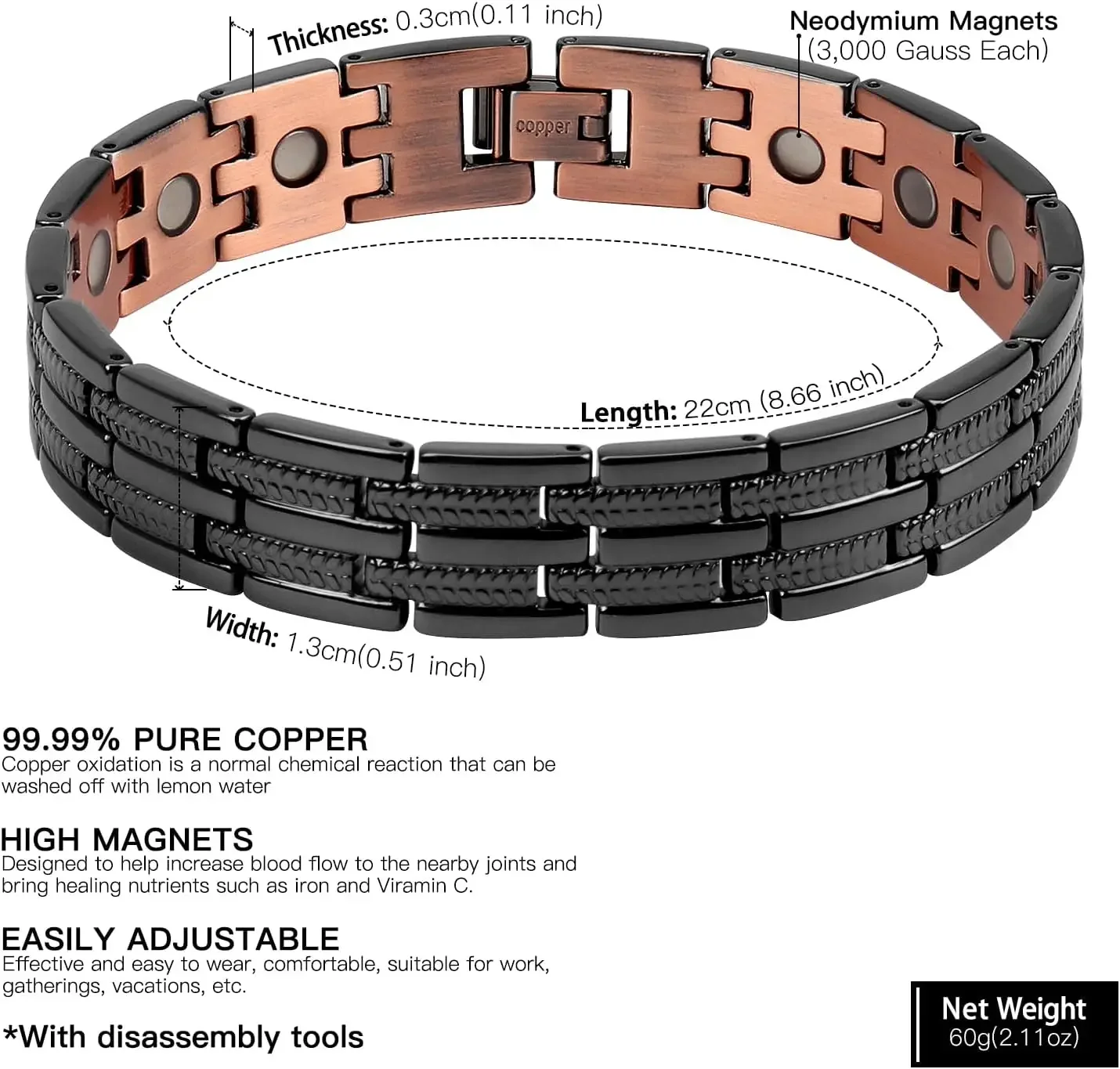 ARADOO Wheat Grain Pattern Pure Copper Magnetic Bracelet Adjustable Therapy Bangle for Joint Support & Wellness - Image 5