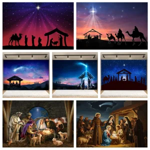 Christmas Jesus Birth Photography Backdrops Birth of Jesus Manger Desert Starry Night Light Newborn Baby Shower Photo Background