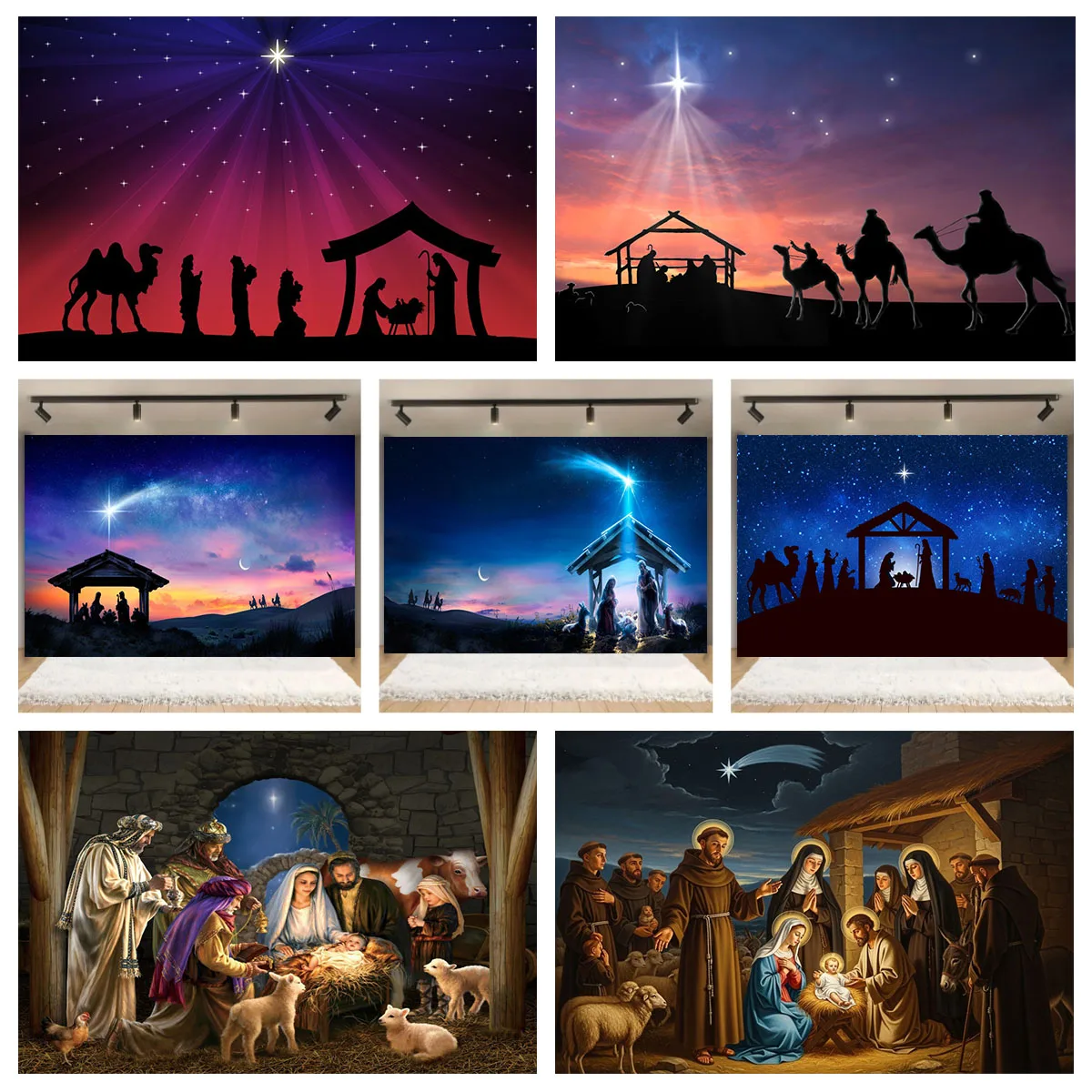 Christmas Jesus Birth Photography Backdrops Birth of Jesus Manger Desert Starry Night Light Newborn Baby Shower Photo Background